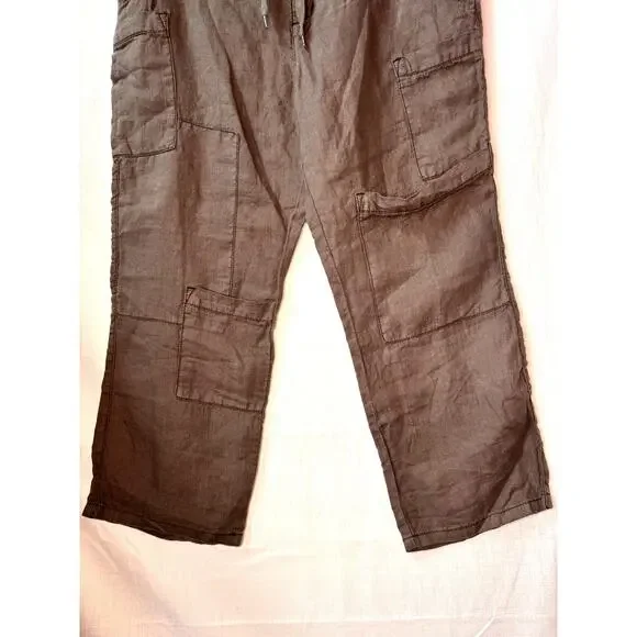 FREE PEOPLE Linen Pants Womens S Cargo Crop Patchwork Utility Green Relaxed Fit - Picture 4 of 15